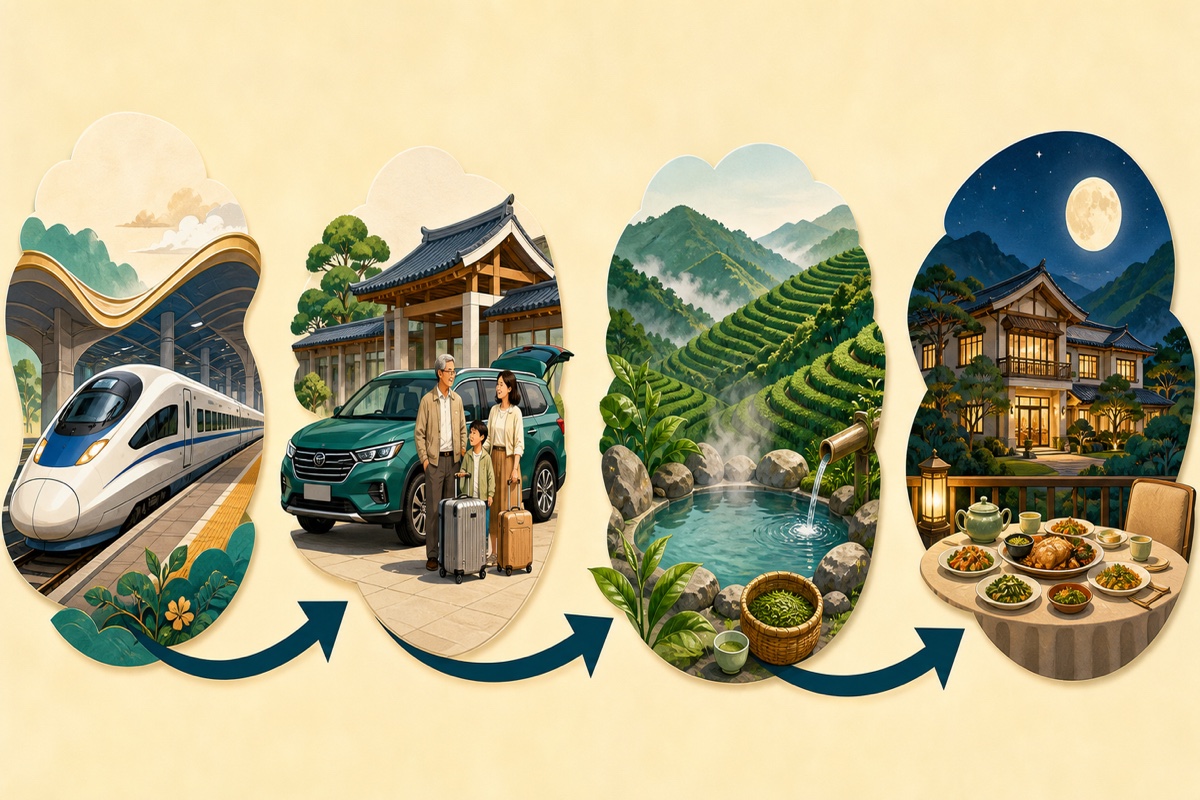 Jul 29 route: Take the train, Pick up our car, Hot-spring time, Family dinner